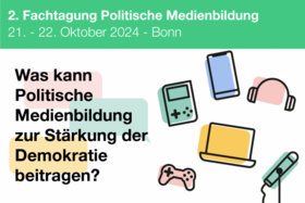 Grafik zur Fachtagung Politische Medienbildung 2024 mit Text "Was kann Politische Medienbildung zur Stärkung der Demokratie beitragen?"