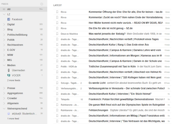 Screenshot zeigt Übersicht zu Feed-Reader Feedly