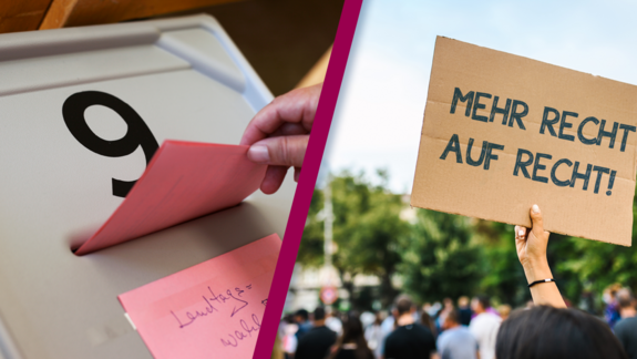 Collage von zwei Fotos, links Wahlurne, rechts Demonstration mit Schild "Mehr Recht auf Recht"