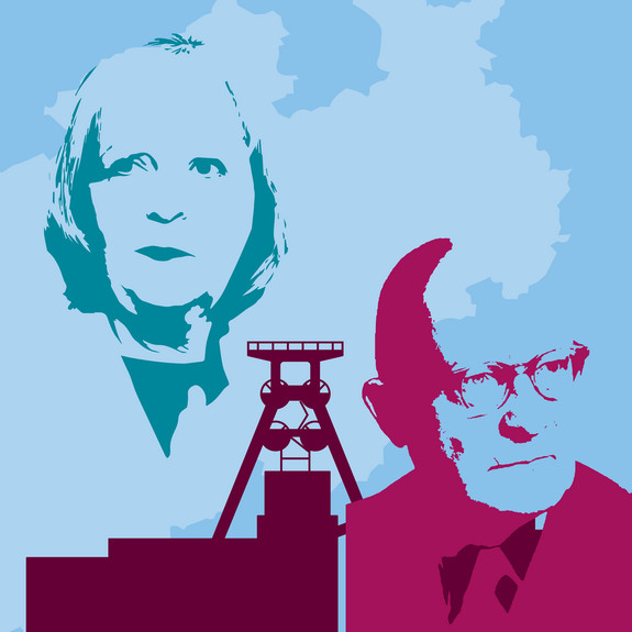 Grafik: Umrisse von NRW mit Zeche Zollverein, im Vordergrund: Köpfe von Hannelore Kraft und Rudolf Amelunxen.