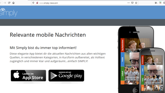 Screenshot zeigt Startseite von Nachrichten-App simply