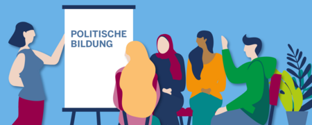 Grafik mit einer Person links, die auf ein Flipchart mit Text "Politische Bildung" zeigt und mehreren Personen rechts  - Link auf: Welche Berufe gibt es in der politischen Bildung?