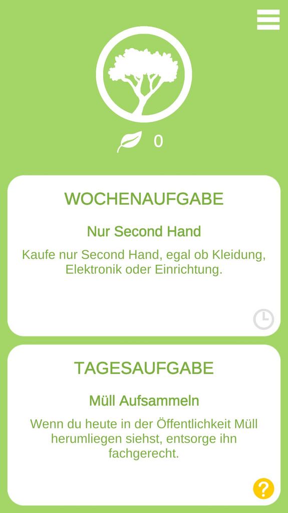 Screenshot: "Wochenaufgabe - Kaufe nur Second Hand, egal ob Kleidung, Elektronik oder Einrichtung"