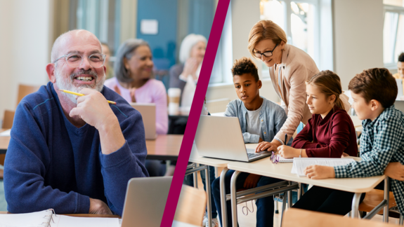 Collage mit zwei Fotos, links älterer Mann, rechts Lehrerin mit Schülerinnen und Schülern