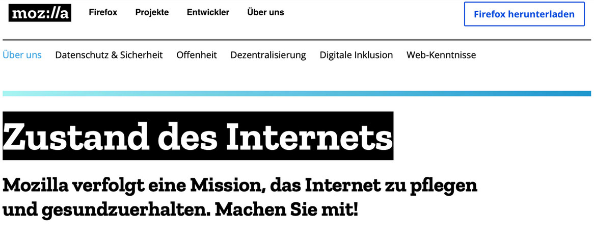 Screenshot der Internetseite "Mozilla Internet Health", foundation.mozilla.org/de/internet-health/