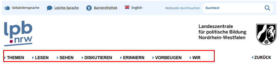 Screenshot des Hauptmenüs der Website