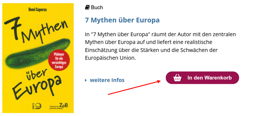 Screenshot der Anzeiger einer Publikation; ein Pfeil verweist auf einen roten Button, mit dem diese in den Warenkorb gelegt werden kann