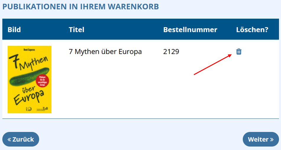 Screenshot eines Buchtitels im Warenkorb, in dem ein Pfeil auf den "Löschen"-Button zeigt.