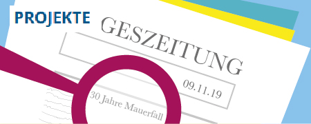 Grafik zeigt eine Zeitung mit einer Lupe darauf und darüber: Überschrift "Projekte"