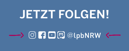 Grafik mit Text: "Jetzt folgen!" und Icons für Kanäle Instagram, Facebook, Youtube und Mastodon